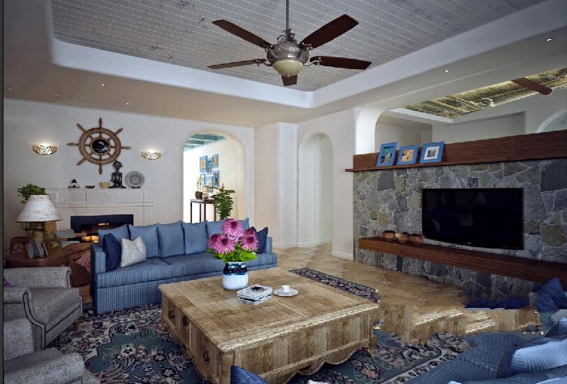 河源金色领地地中海风格客厅深蓝色沙发风扇灯仿古砖电视墙效果图